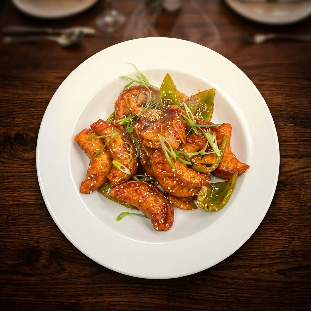 Chilli Chicken Momo - crispy fried momos in spicy sauce at MoMo & Wok Edmonton